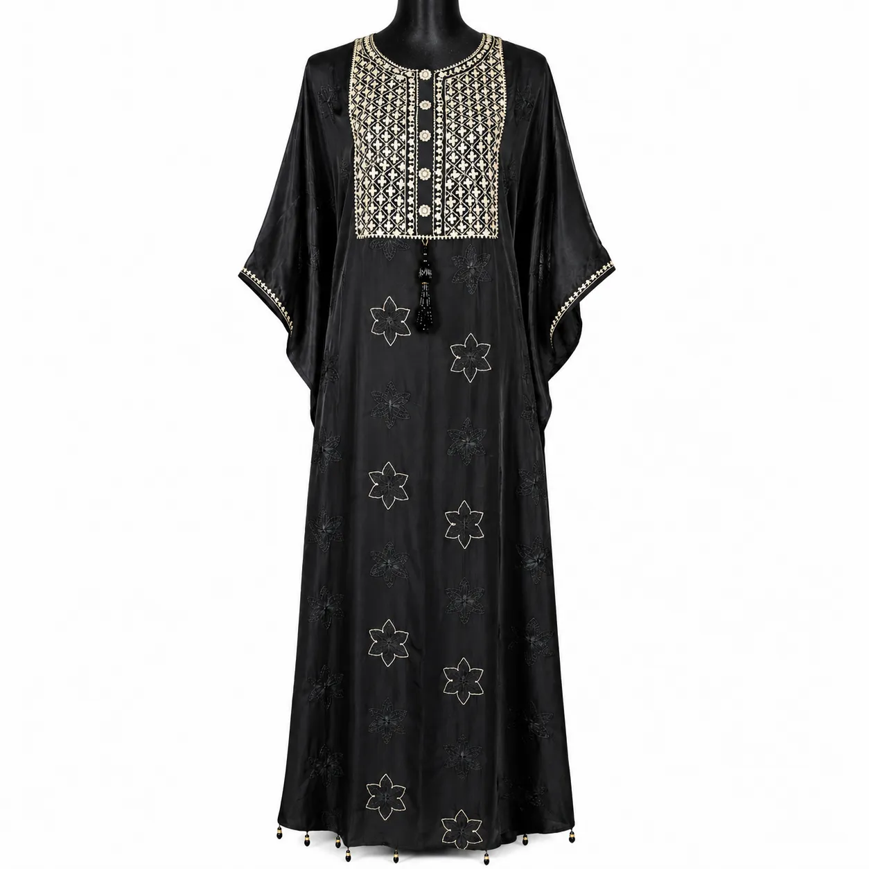 Black Embroidered Long Kaftan with Mirror Button Detail